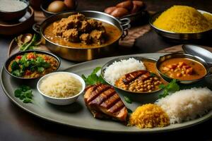 un plato de indio comida con arroz, pollo y vegetales. generado por ai foto