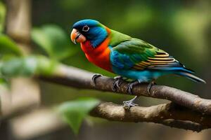 a colorful bird sits on a branch. AI-Generated photo