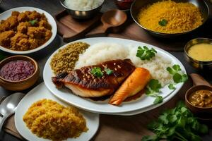 un variedad de comida incluso arroz, carne y vegetales. generado por ai foto