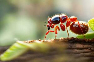 un rojo hormiga es en pie en un rama. generado por ai foto