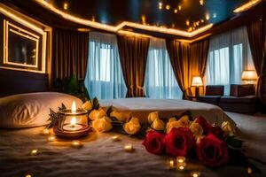 a bed with candles and roses in front of a window. AI-Generated photo