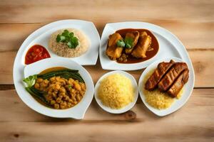 un plato de comida con arroz, pollo, y vegetales. generado por ai foto