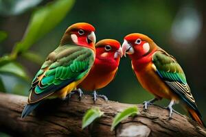 three colorful birds sitting on a branch. AI-Generated photo