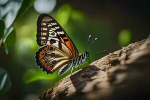 un mariposa es sentado en un árbol rama. generado por ai foto