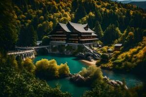 a beautiful building sits on a hill overlooking a river. AI-Generated photo