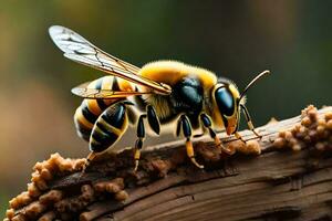 un abeja es sentado en un pedazo de madera. generado por ai foto