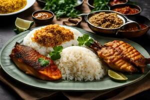 un plato de comida con arroz, pescado y otro ingredientes. generado por ai foto