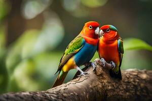 two colorful birds sitting on a branch. AI-Generated photo