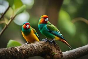 two colorful birds sitting on a branch. AI-Generated photo