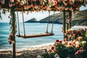 a swing hanging from a wooden frame with flowers on the beach. AI-Generated photo