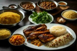 un variedad de platos incluso arroz, carne y vegetales. generado por ai foto