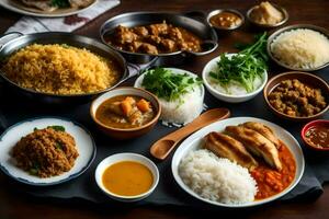 a variety of dishes are arranged on a table. AI-Generated photo