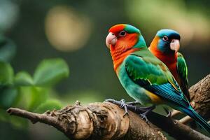 two colorful birds sitting on a branch. AI-Generated photo