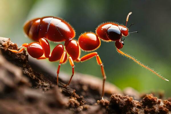 a red ant is walking on a tree trunk. AI-Generated
