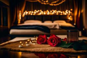 a bed with roses and a candle. AI-Generated photo