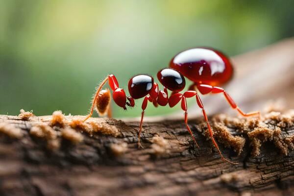 a red ant is walking on a branch. AI-Generated