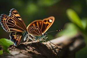 dos mariposas son sentado en un rama. generado por ai foto