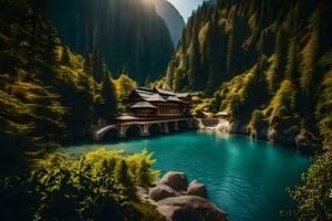 a house sits on a bridge over a lake in the mountains. AI-Generated photo