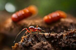 un rojo hormiga es caminando en un árbol trompa. generado por ai foto