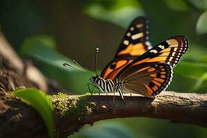 a butterfly is sitting on a branch in the sun. AI-Generated photo