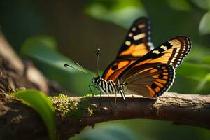 un mariposa es sentado en un rama en el Dom. generado por ai foto