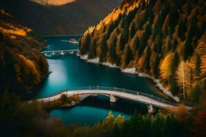 a bridge over a lake surrounded by trees. AI-Generated photo