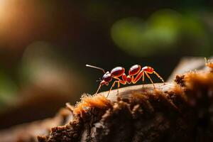 an ant is standing on a log. AI-Generated photo