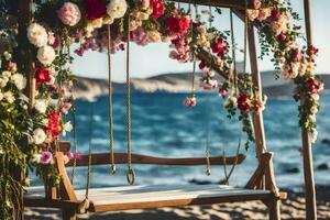 a swing with flowers on the beach. AI-Generated photo