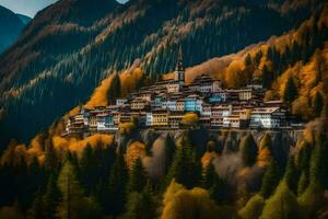 un pueblo en el montañas rodeado por arboles generado por ai foto