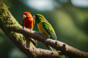 two colorful birds sitting on a branch. AI-Generated photo