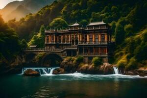 a beautiful house sits on a cliff overlooking a river. AI-Generated photo