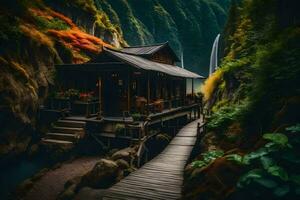 un pequeño cabina en el medio de un bosque. generado por ai foto