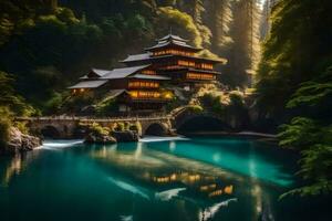 un japonés templo se sienta en un puente terminado un río. generado por ai foto