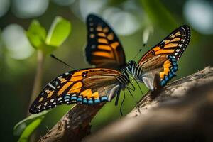 dos mariposas son sentado en un rama juntos. generado por ai foto