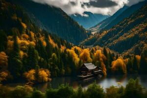 a small house sits on the edge of a lake surrounded by trees. AI-Generated photo