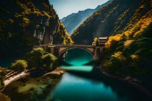 un puente terminado un río en el montañas. generado por ai foto