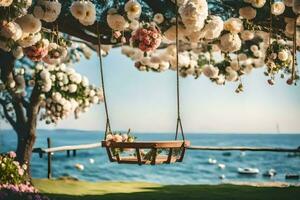 a swing in a garden with flowers. AI-Generated photo