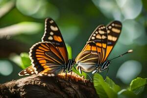 dos mariposas son sentado en parte superior de un árbol. generado por ai foto