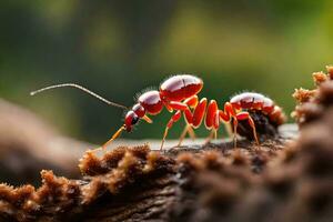 a red ant on a tree branch. AI-Generated photo