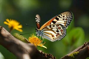 a butterfly is sitting on a branch with yellow flowers. AI-Generated photo