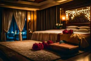 romantic bedroom with red roses and candles. AI-Generated photo