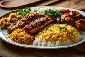 un plato de arroz, carne y vegetales con un de madera cuchara. generado por ai foto