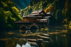 un japonés casa se sienta en un puente terminado un río. generado por ai foto