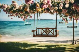 wooden swing on the beach with flowers. AI-Generated photo