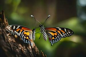 dos mariposas son sentado en un árbol rama. generado por ai foto