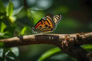 un mariposa es sentado en un rama en el Dom. generado por ai foto