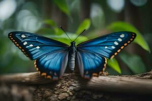 a blue butterfly sits on a branch in the forest. AI-Generated photo