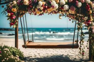 a swing on the beach with flowers. AI-Generated photo