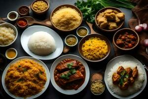 various dishes of indian food on a table. AI-Generated photo