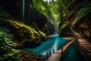 a wooden bridge leads to a river in the middle of a forest. AI-Generated photo